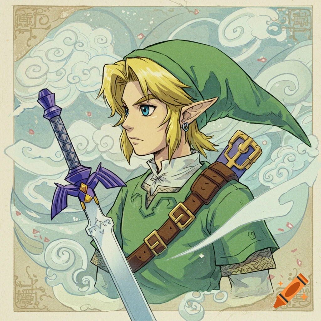 Portrait of Link from The Legend of Zelda holding the Master Sword, in a stylized, illustrative format.