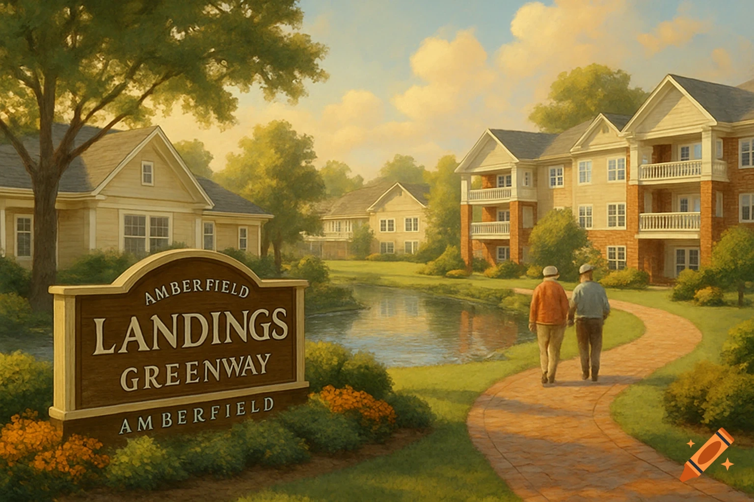 A retirement village with buildings, a pond, path, and two people walking.