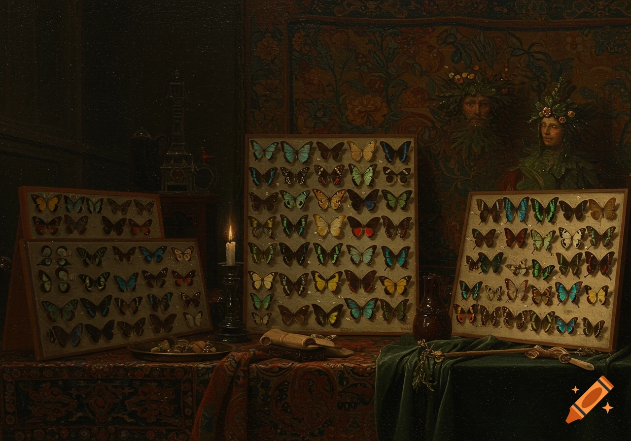 A painting of display cases filled with butterflies, a lit candle, and decorative figures in the background.