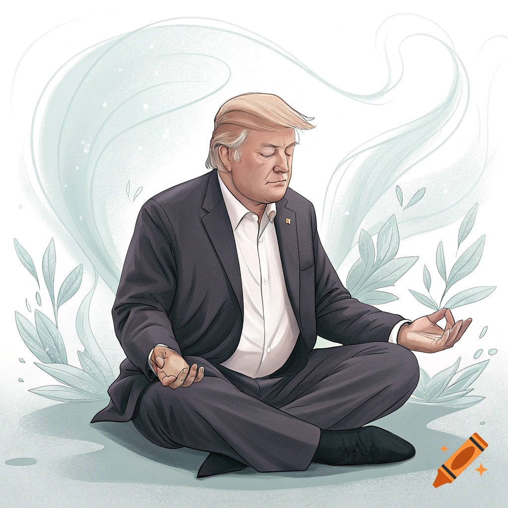 Stylized illustration of Donald Trump sitting cross-legged and meditating with an aura.