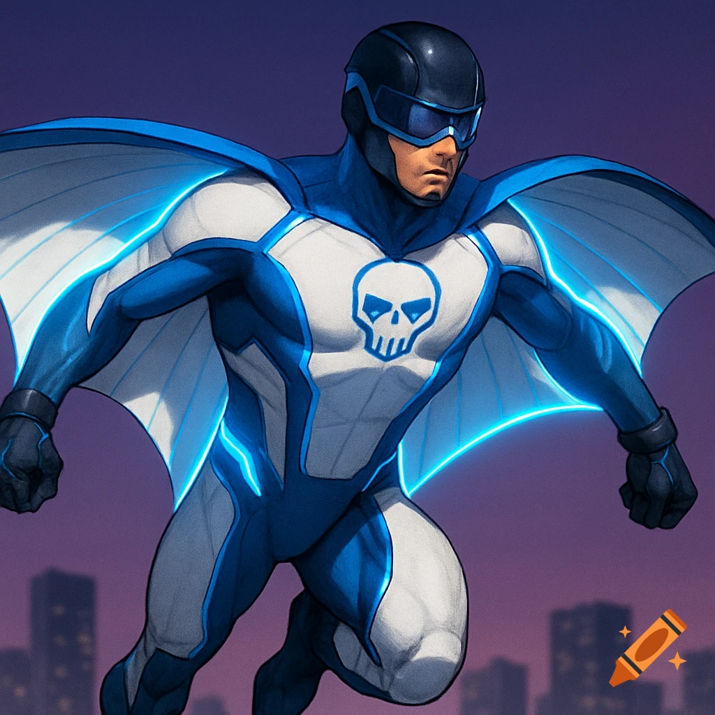 Superhero in blue and white suit with skull emblem soaring over city skyline.