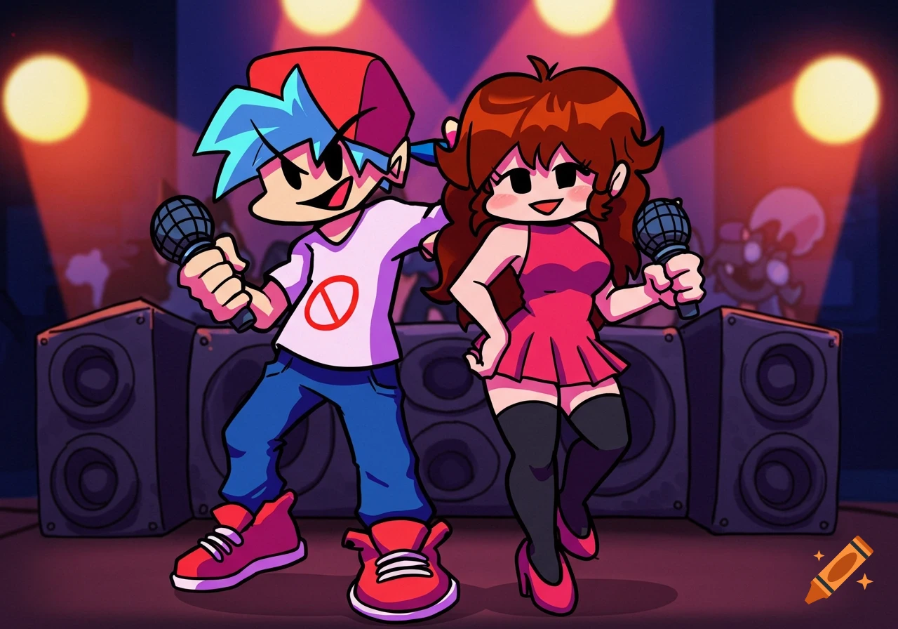 Cartoon characters holding microphones on a stage