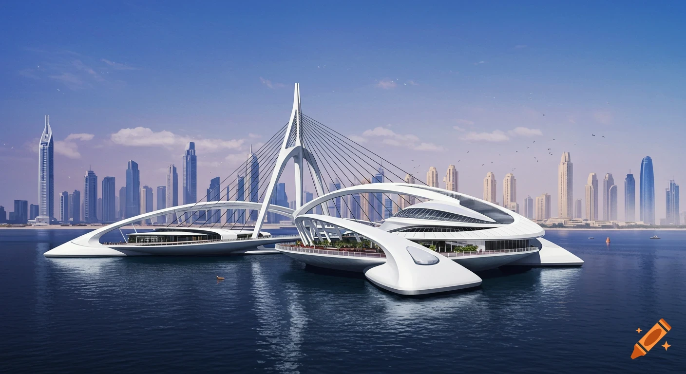 Futuristic white bridge and buildings floating on water in front of a modern city skyline.