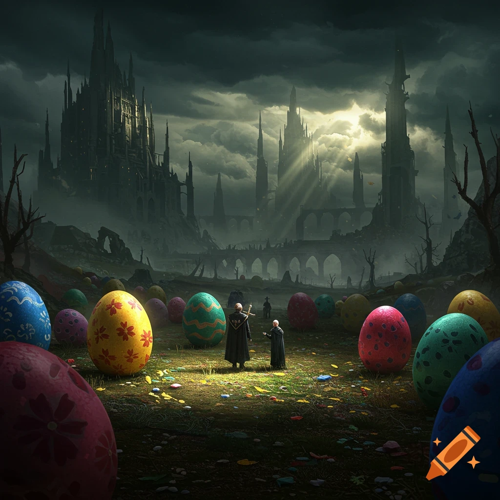Giant Easter eggs scattered in a dark fantasy landscape with gothic castles and figures.