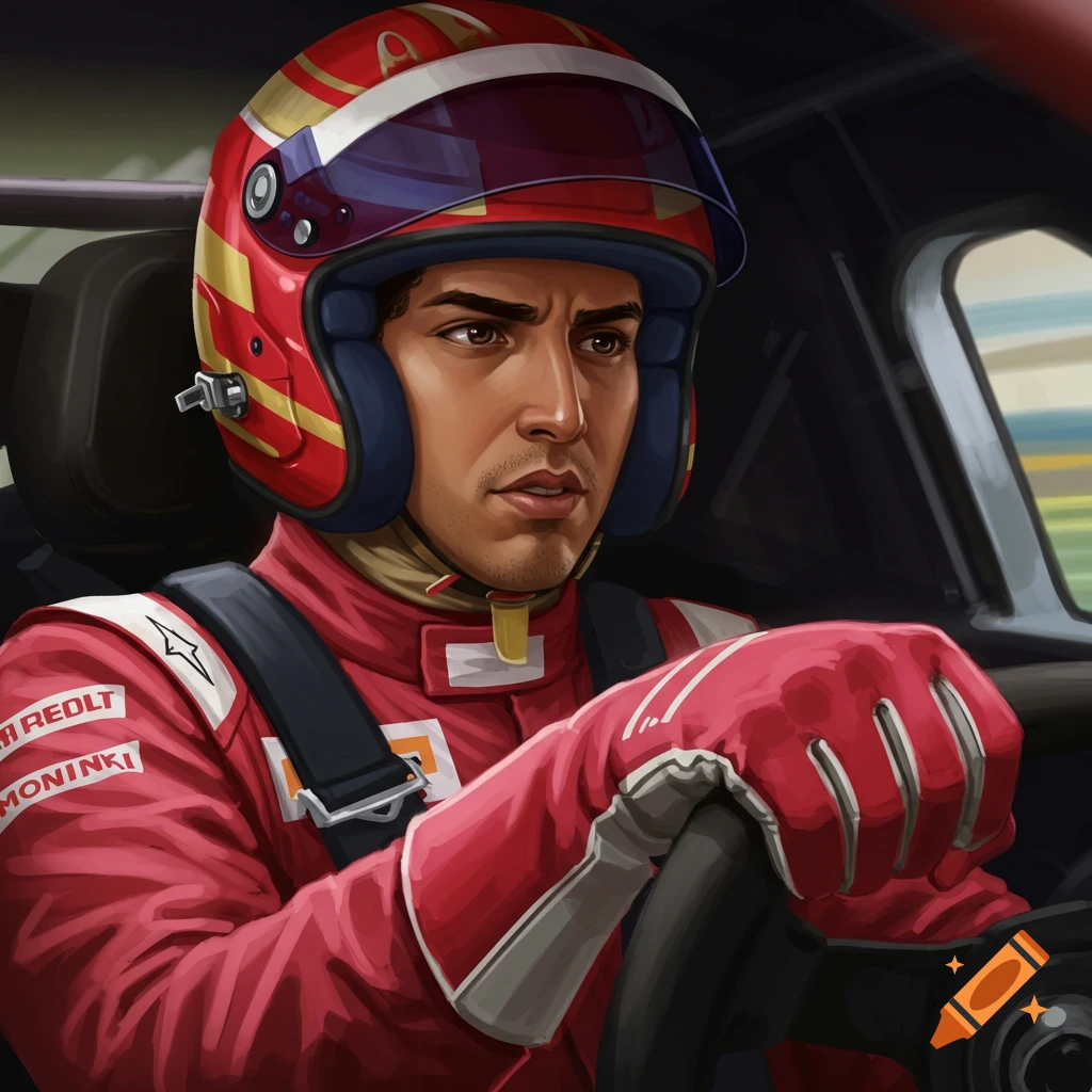 A race car driver in a helmet and suit.
