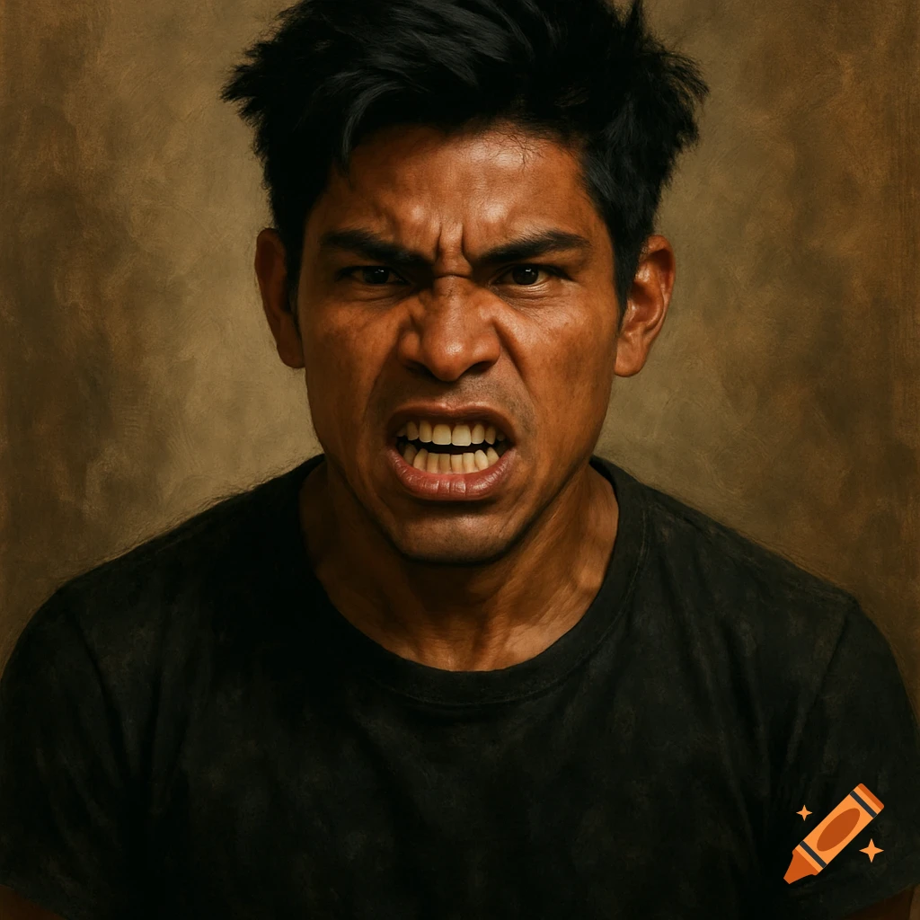 Painting of a man with black hair baring his teeth aggressively.
