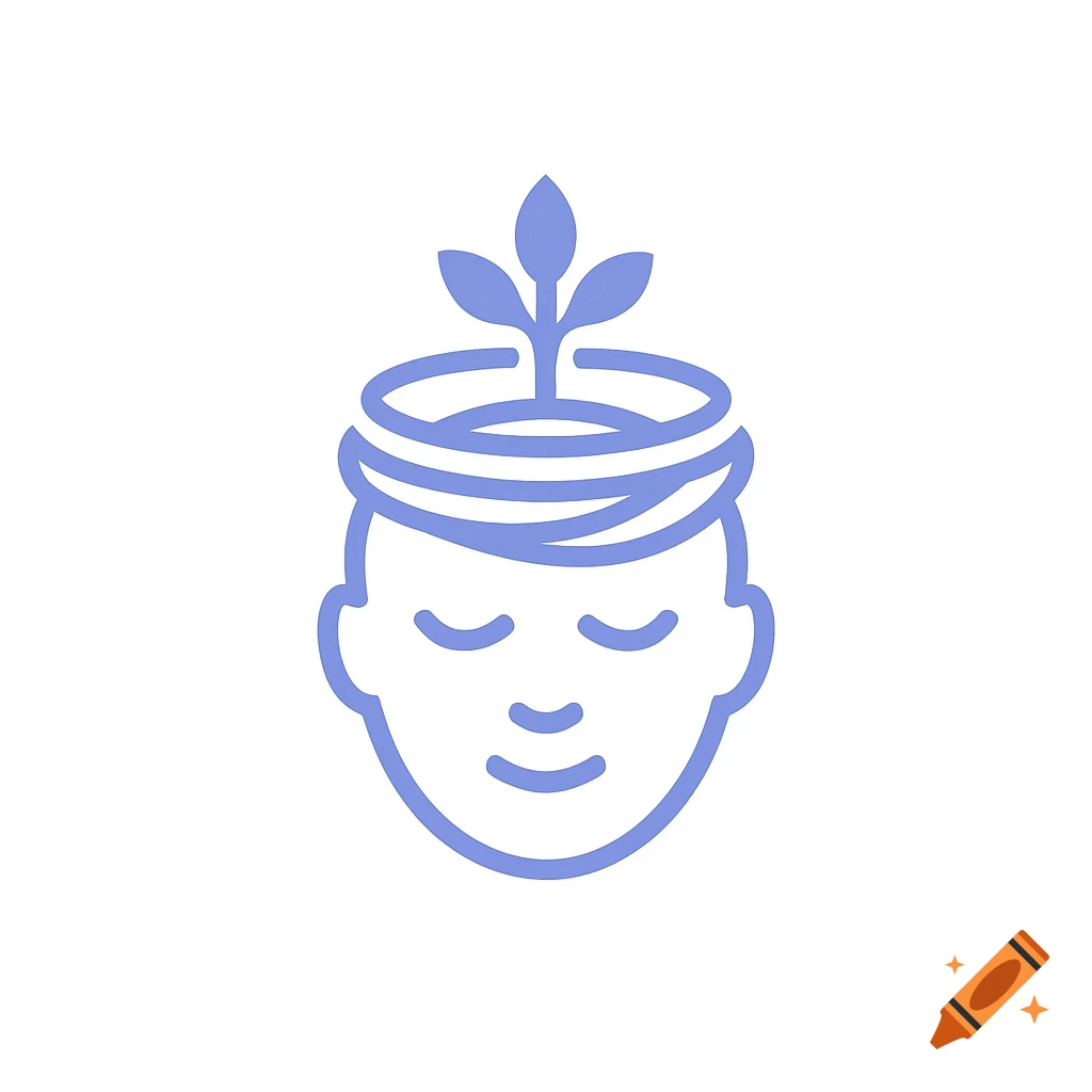 Minimalist blue line icon of a human head with eyes closed, and a plant with three leaves growing from the top.