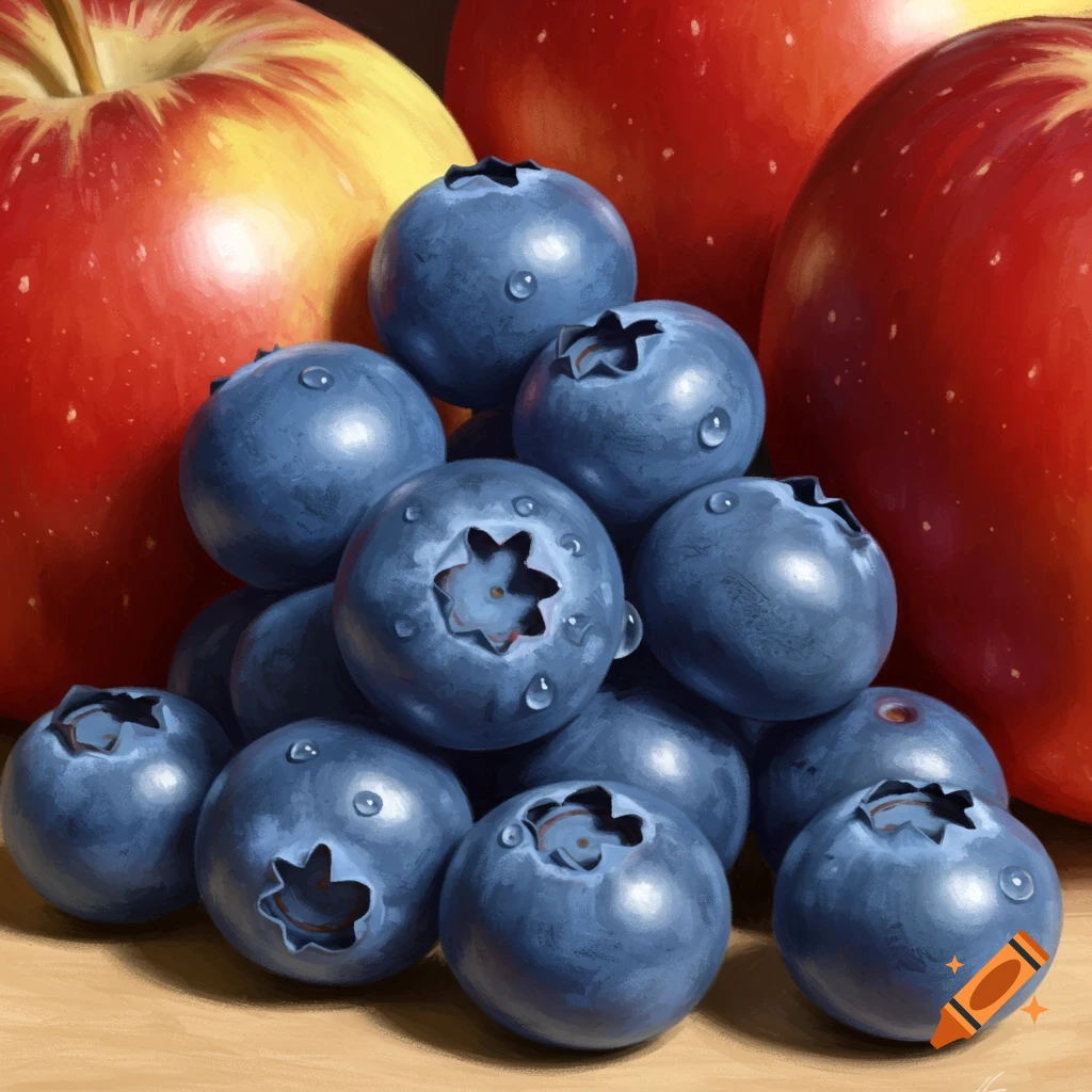 A pile of blueberries with water droplets and red apples.