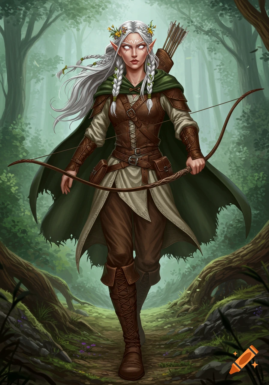 A female elf ranger with white eyes stands on a forest path, holding a bow.