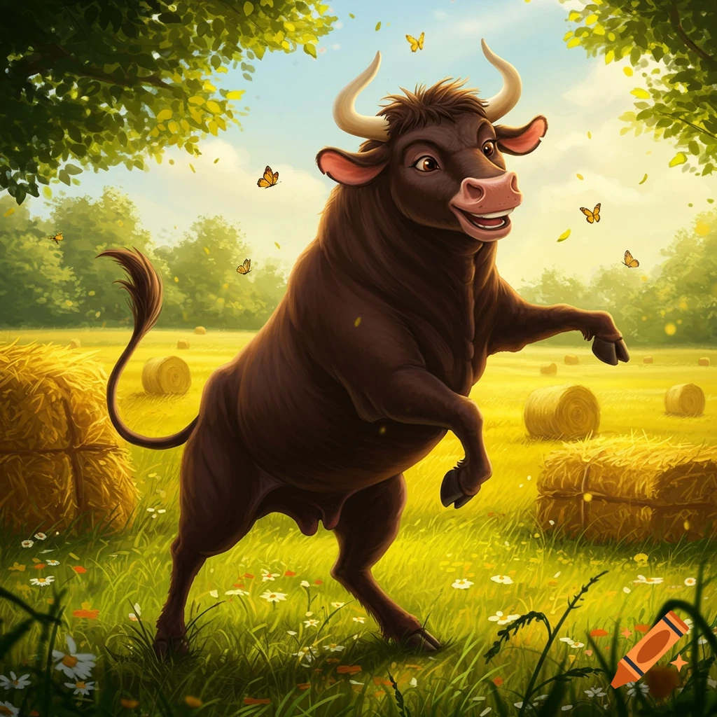 A cartoon bull dances in a sunny farm field with hay bales and butterflies.