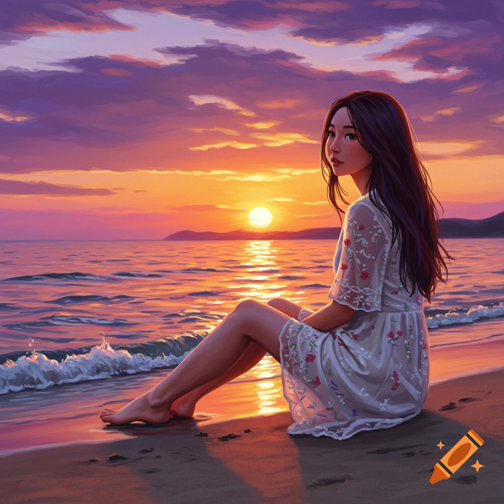 Digital painting of a woman sitting on a beach watching the sunset.