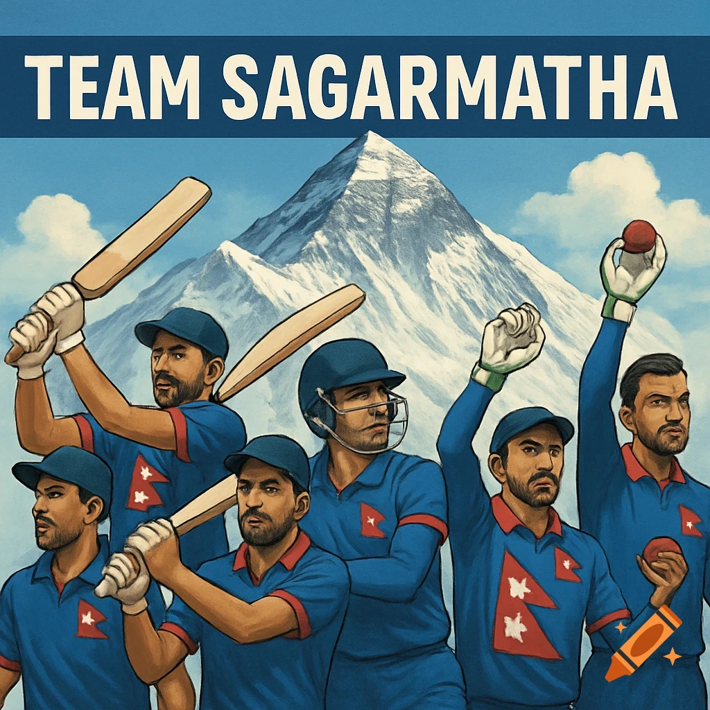 A cricket team in blue jerseys with Nepal flag emblems posing in front of a mountain, with the banner 'TEAM SAGARMATHA'.