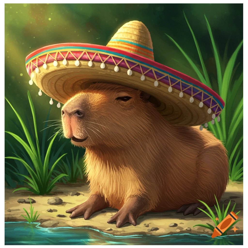 A capybara wearing a sombrero sits near water with grass in the background.