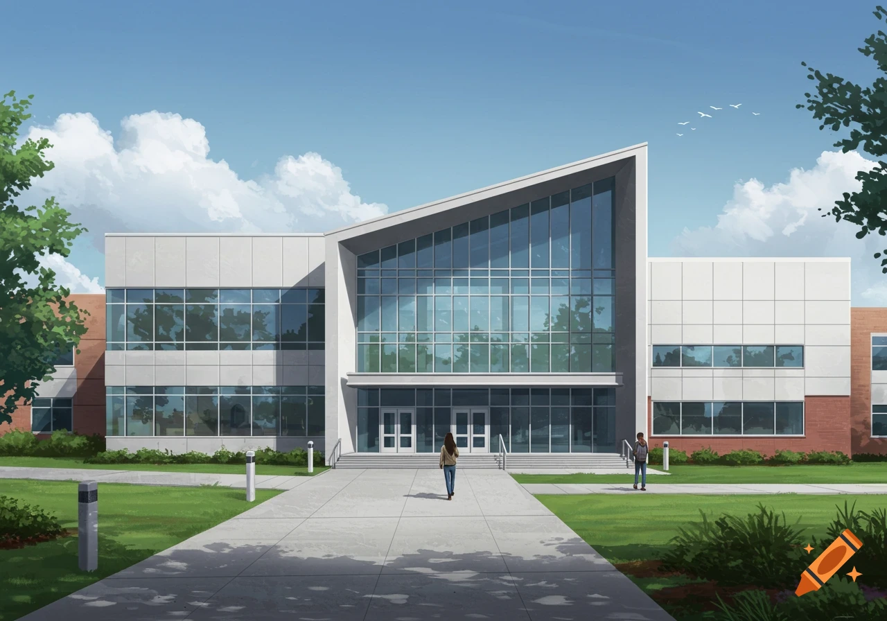 A modern campus building with large glass windows and students walking towards the entrance.