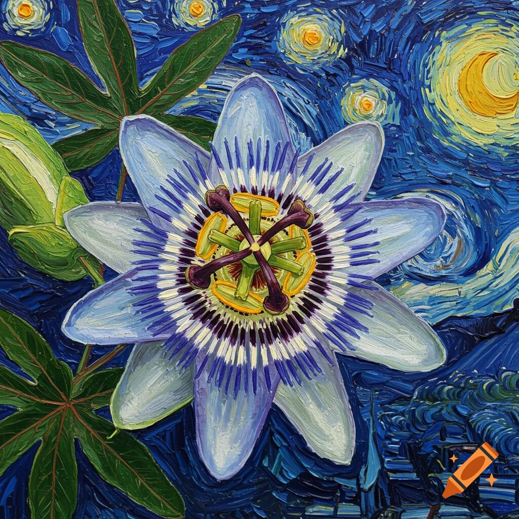 A detailed passionflower against a background in the style of Van Gogh's Starry Night.