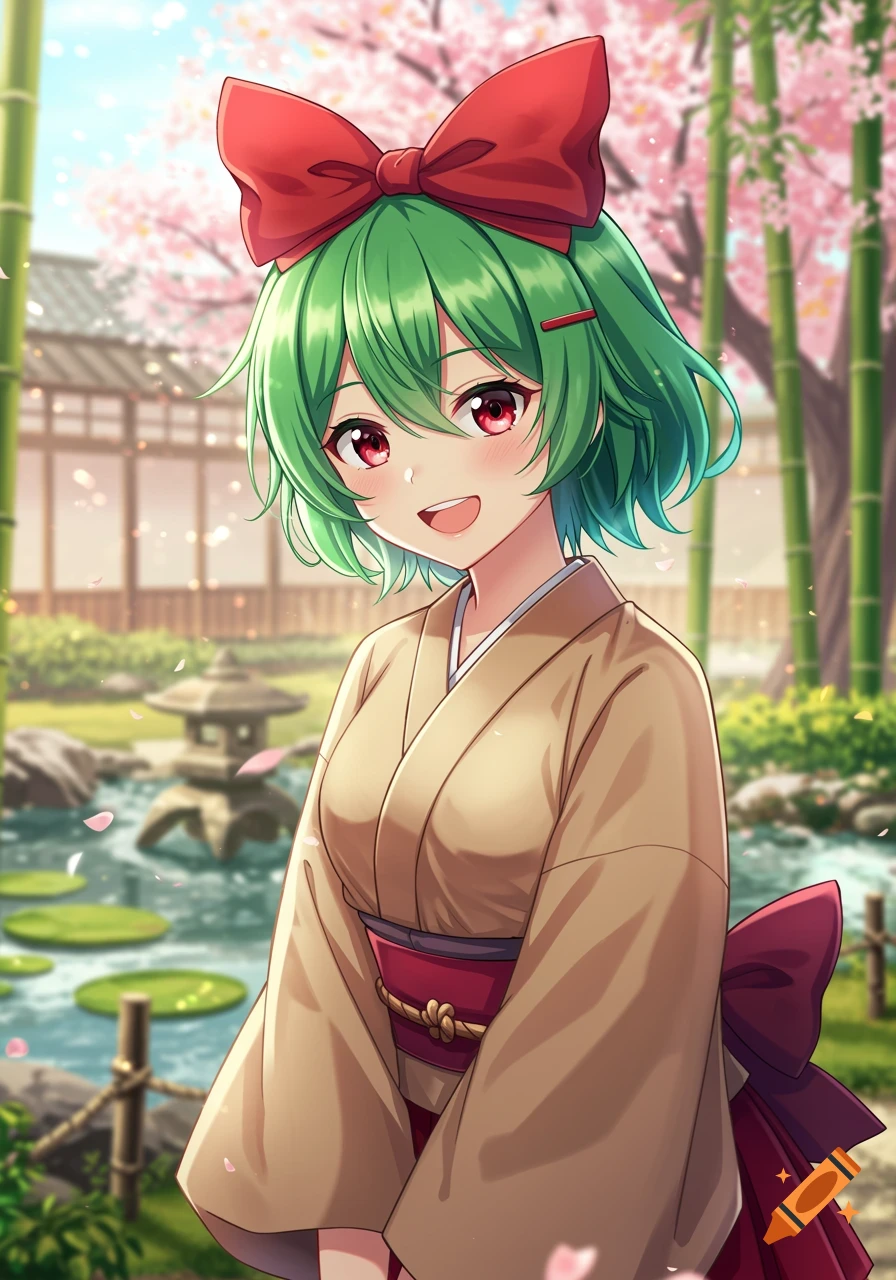 An anime girl with green hair and red eyes smiles, wearing a kimono in a Japanese garden with cherry blossoms.