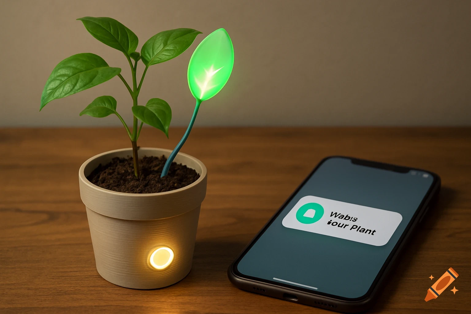 Potted plant with a glowing smart leaf device next to a smartphone displaying a notification on a wooden table.