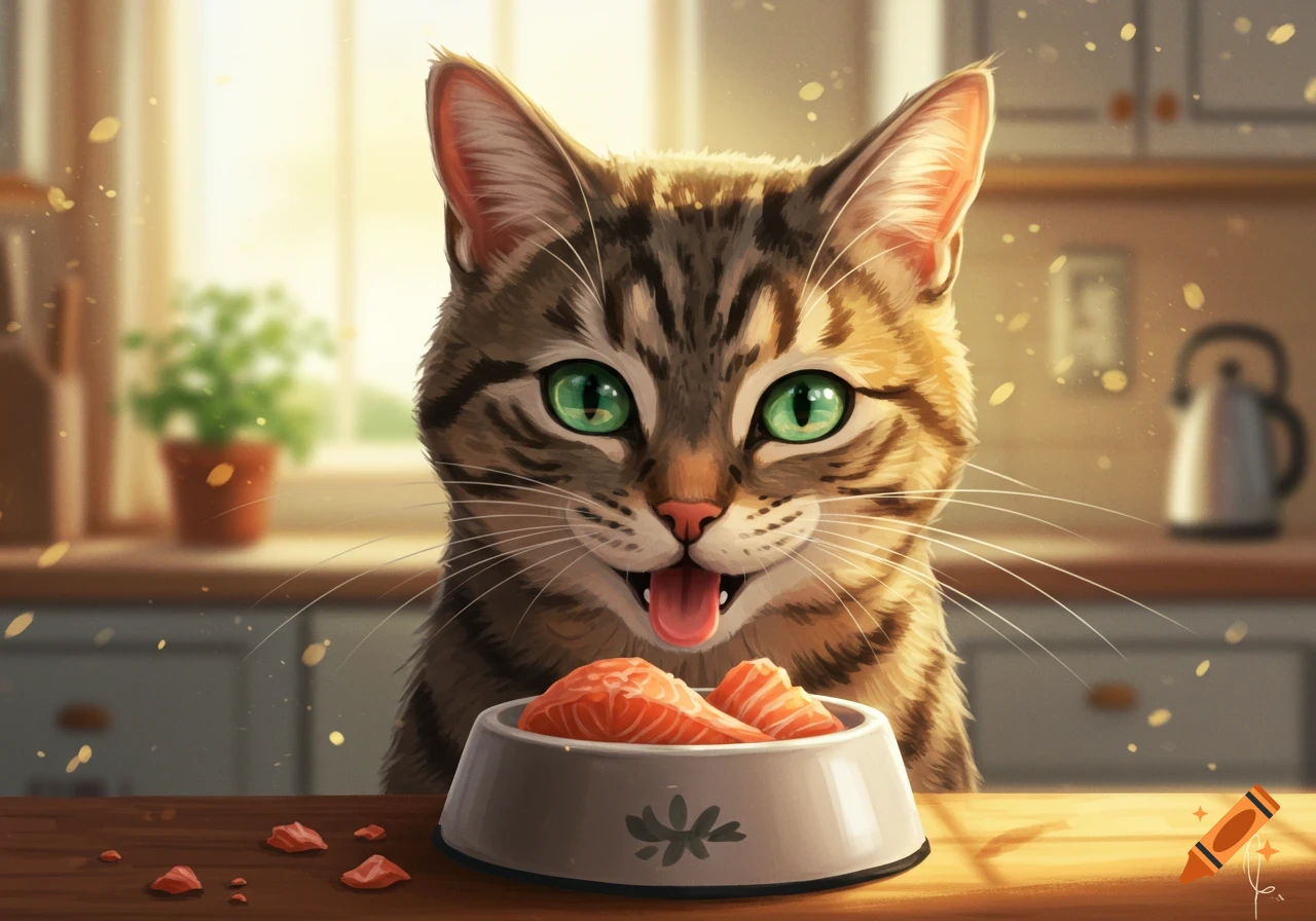 A tabby cat looks excitedly at a bowl of salmon in a kitchen.