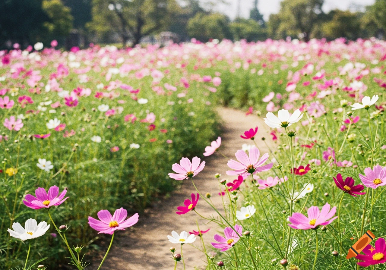 A path winds through a field of pink and white cosmos flowers.
