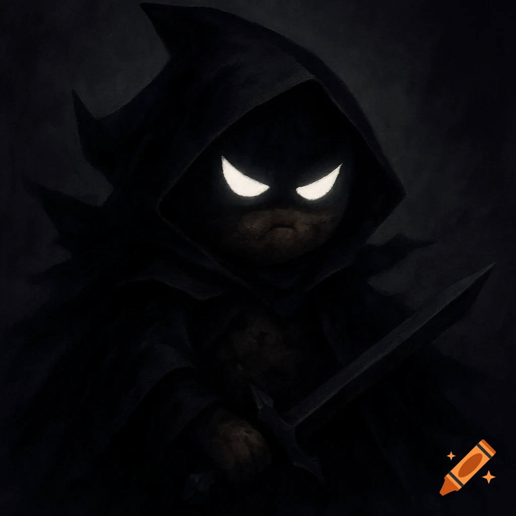 A dark hooded figure with glowing eyes holds a sword.