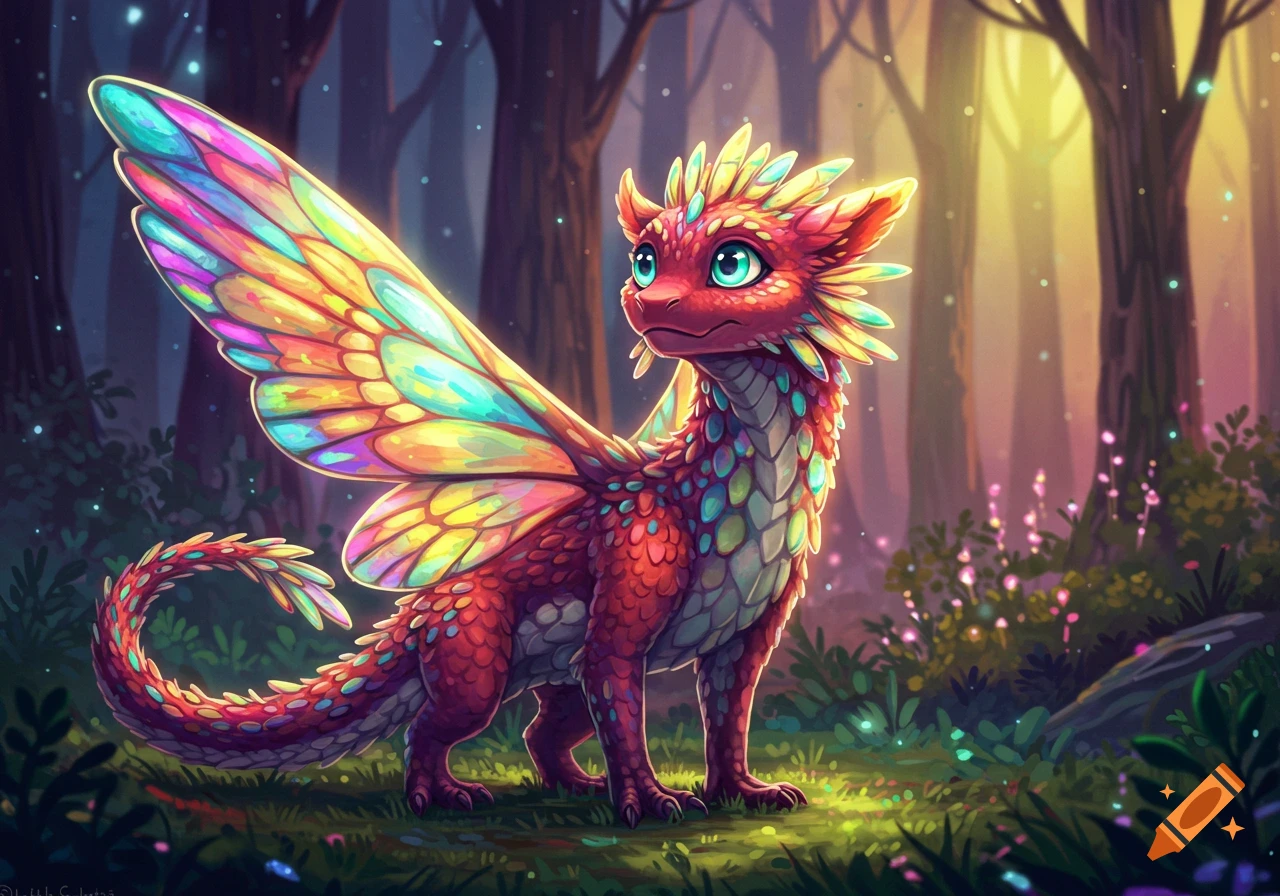 A small fantasy creature with colorful rainbow wings stands in a forest.