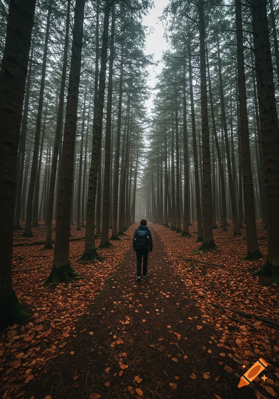 A person walks down a path lined with tall trees in a misty forest with fallen leaves.