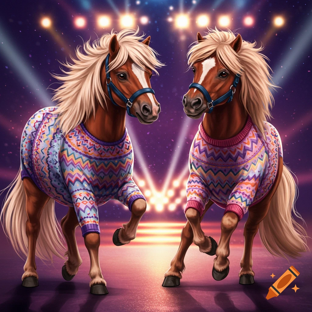 Two Shetland ponies wearing colorful sweaters on a stage with spotlights