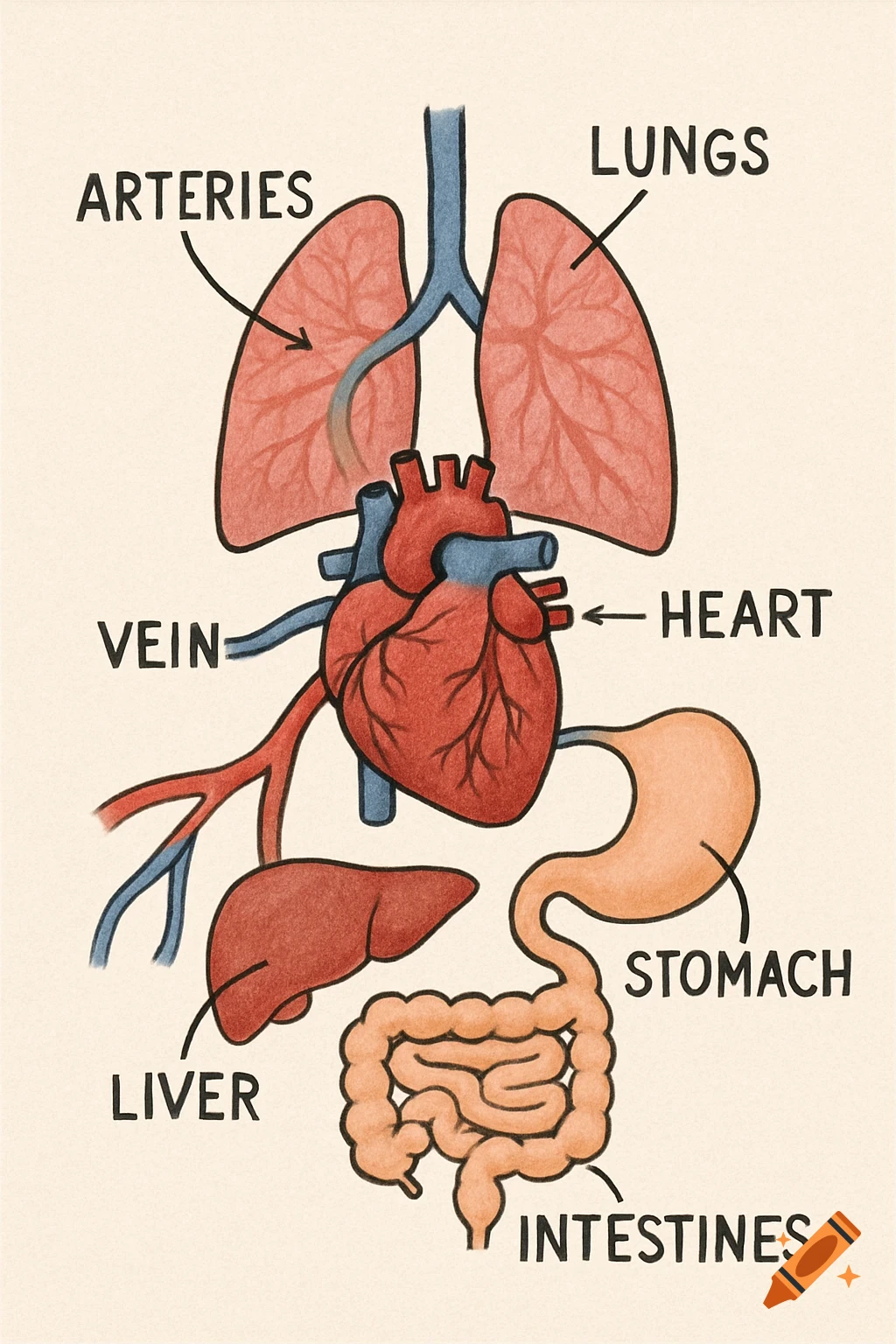 Diagram of human organs including heart, lungs, liver, stomach, and intestines with labels, drawn in a colored pencil style.