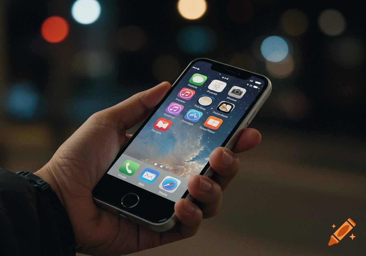 A hand holds a smartphone showing colorful app icons against a blurred background with lights.