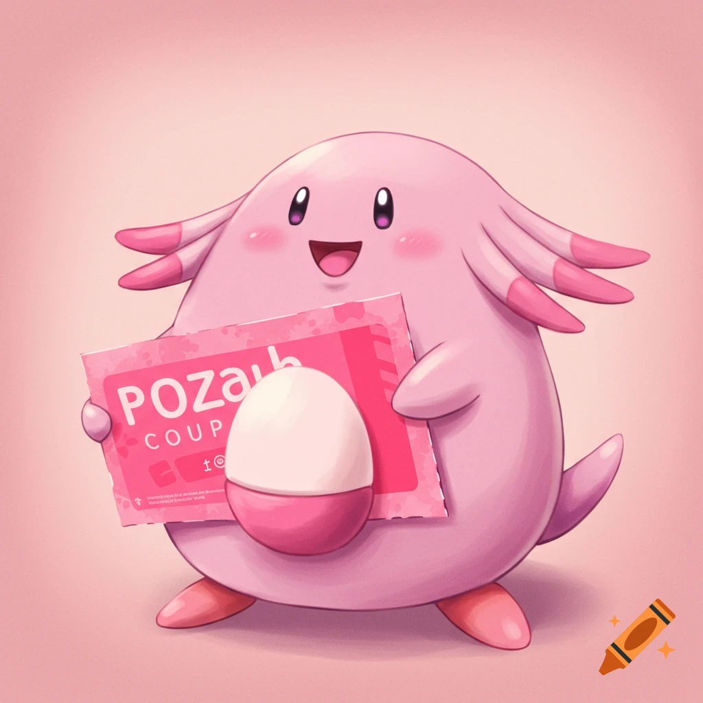 Pink Pokemon Chansey holds a coupon and an egg in an illustration.