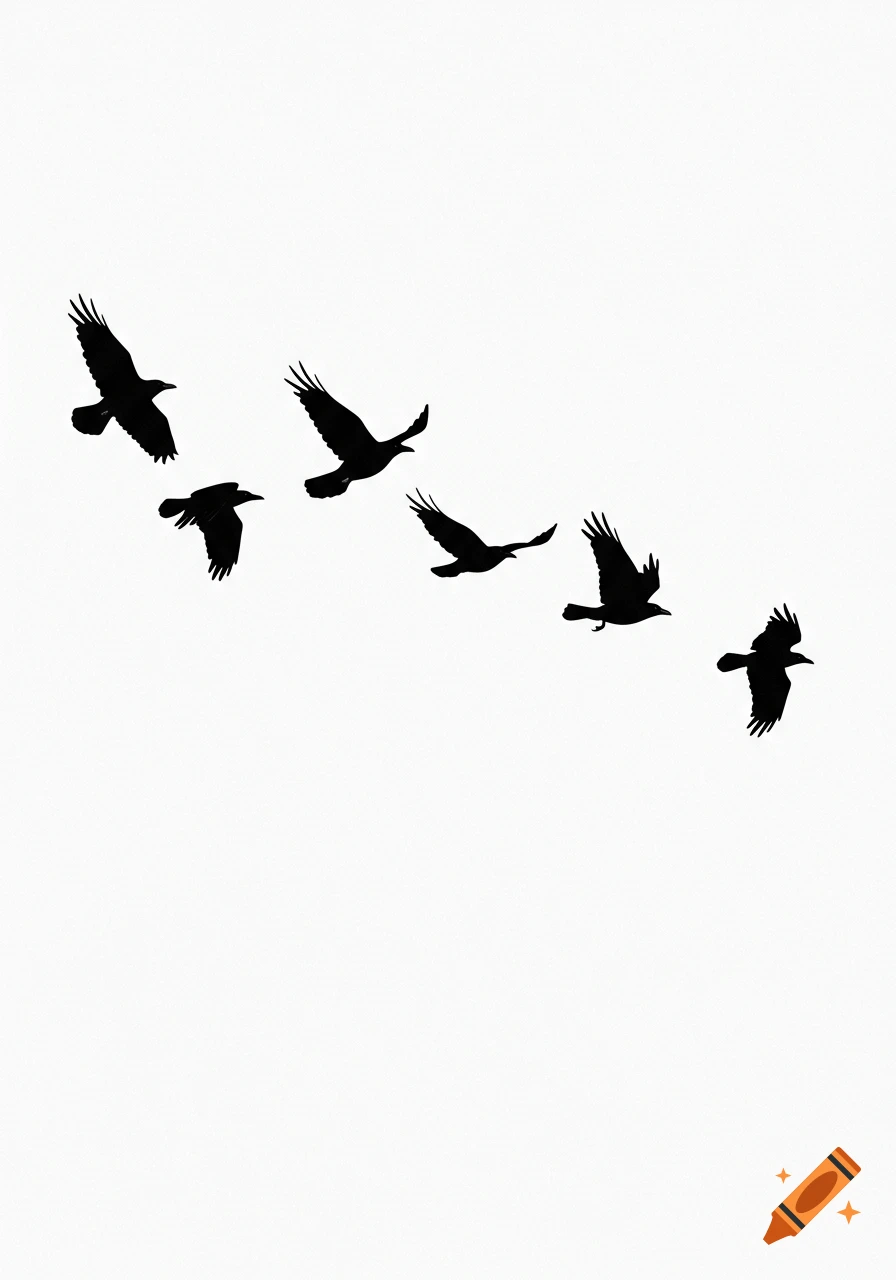 Six black crow silhouettes flying against a white background.