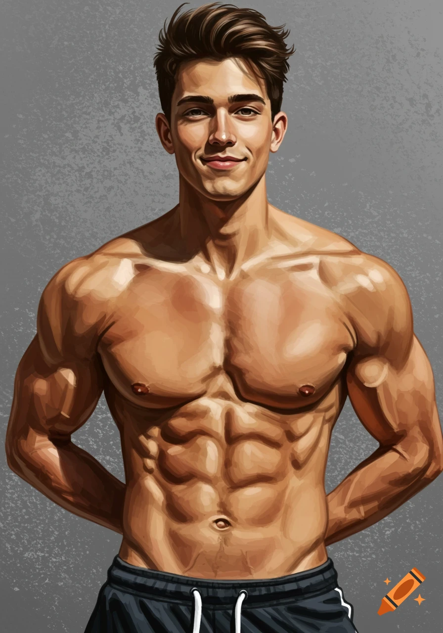 Illustration of a muscular young man, shirtless, with arms behind his back.