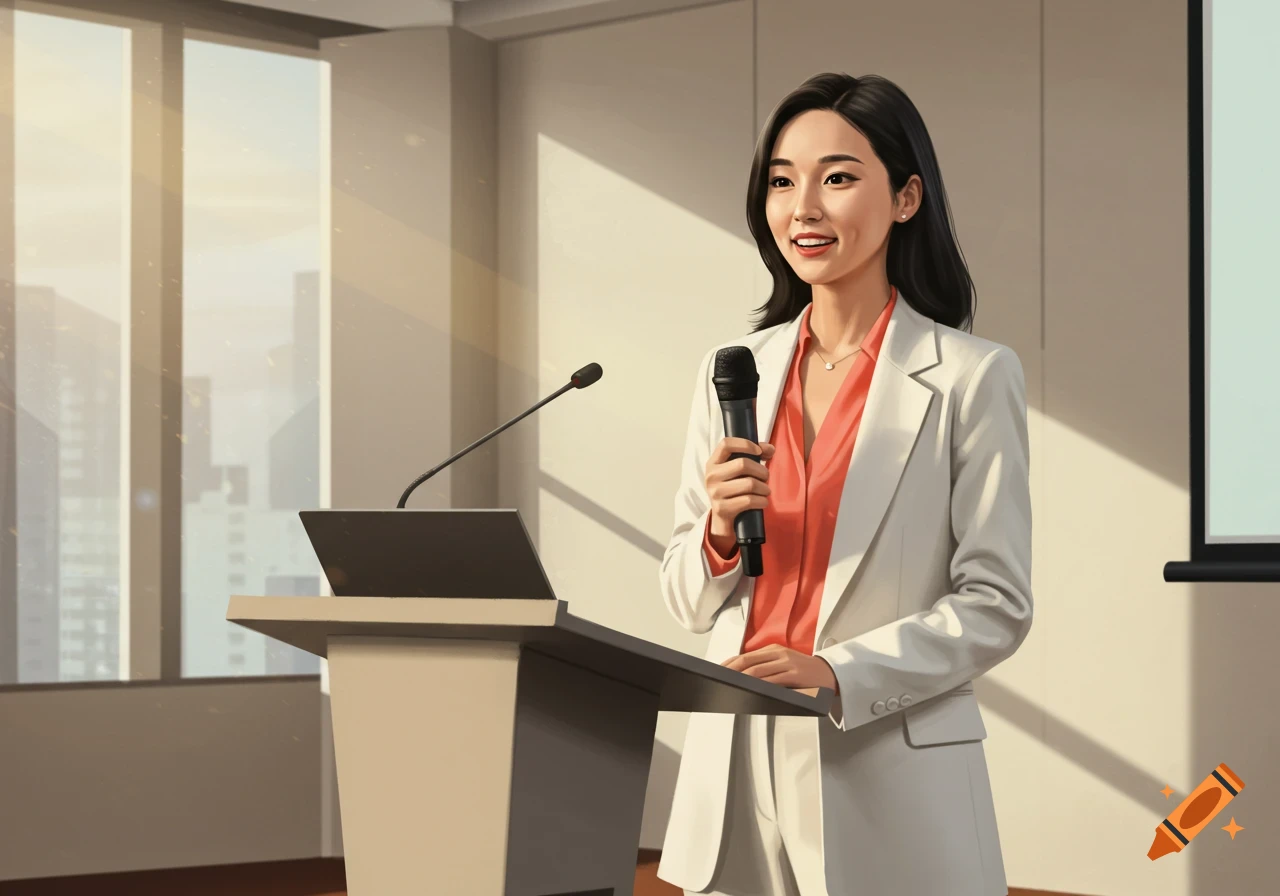 A young businesswoman stands at a podium speaking into a microphone during a presentation.