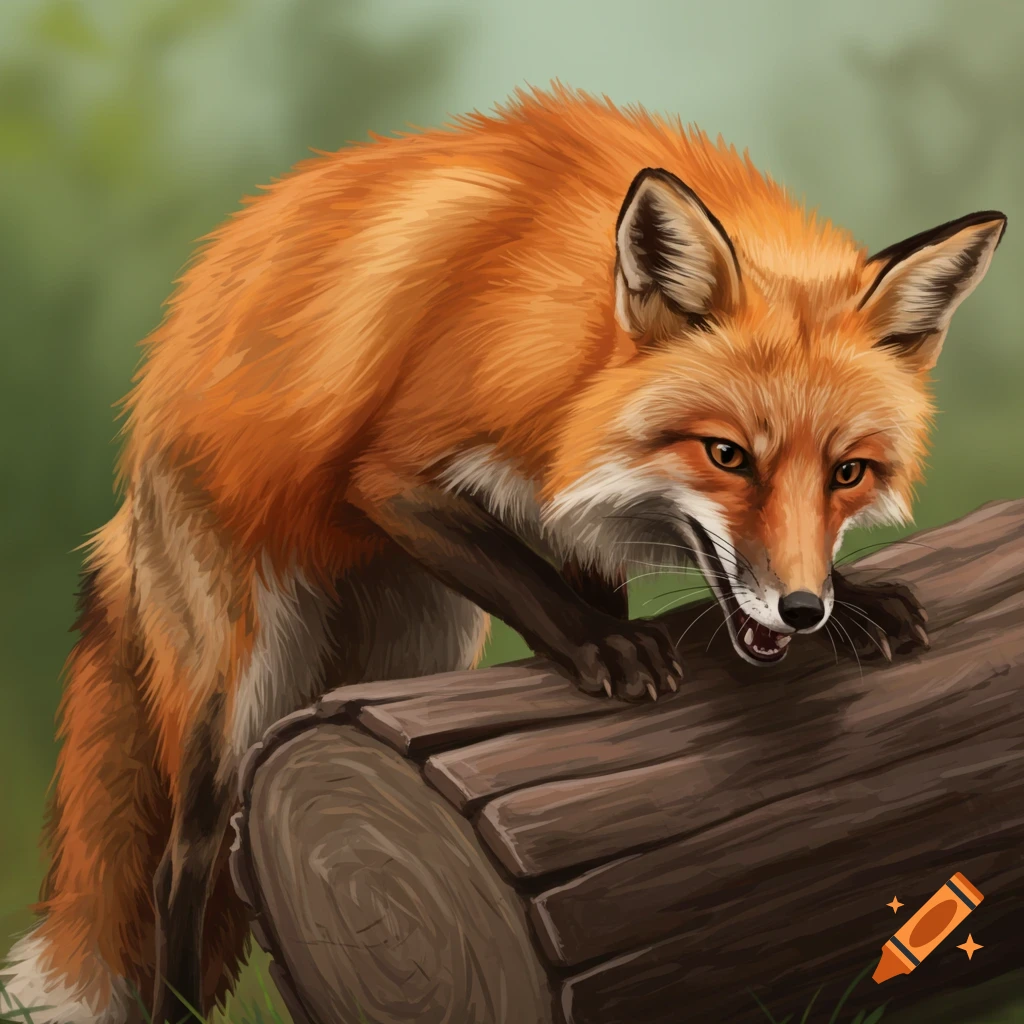 A red fox climbing on a log.