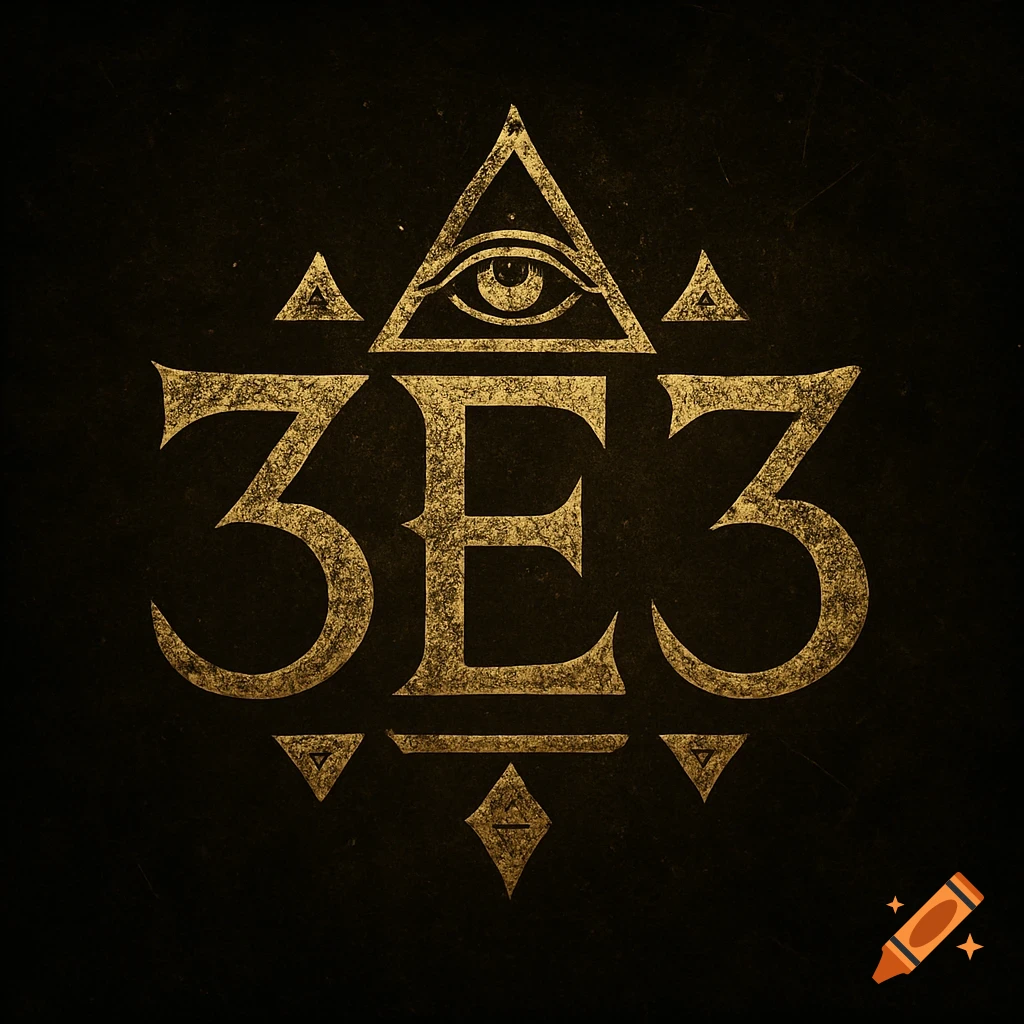 Golden emblem with '3E3' and an all-seeing eye on a dark background, in an ancient, mystical style.