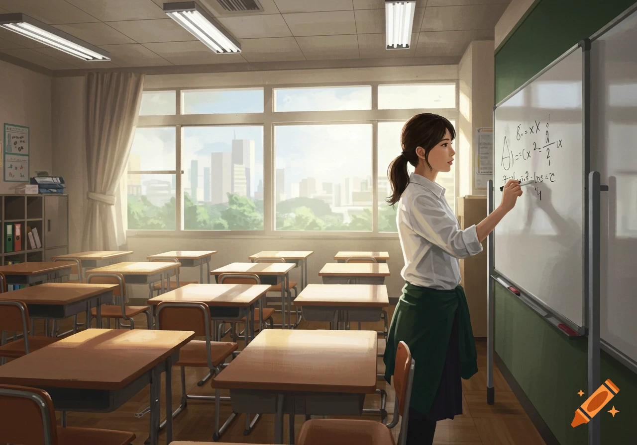 An Asian teacher writing on a whiteboard in a sunny classroom.