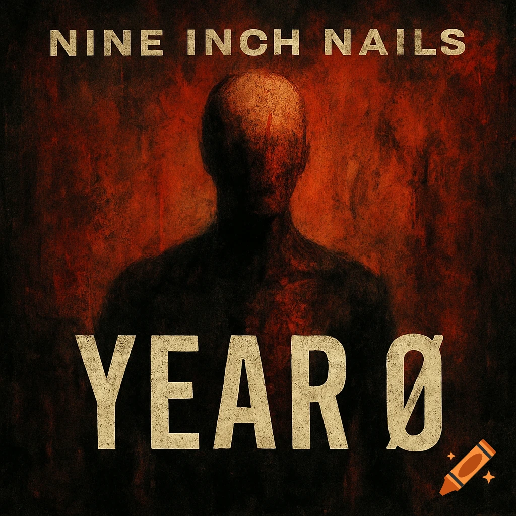 Abstract dark figure with text NINE INCH NAILS above and YEAR 0 below on a textured red background.
