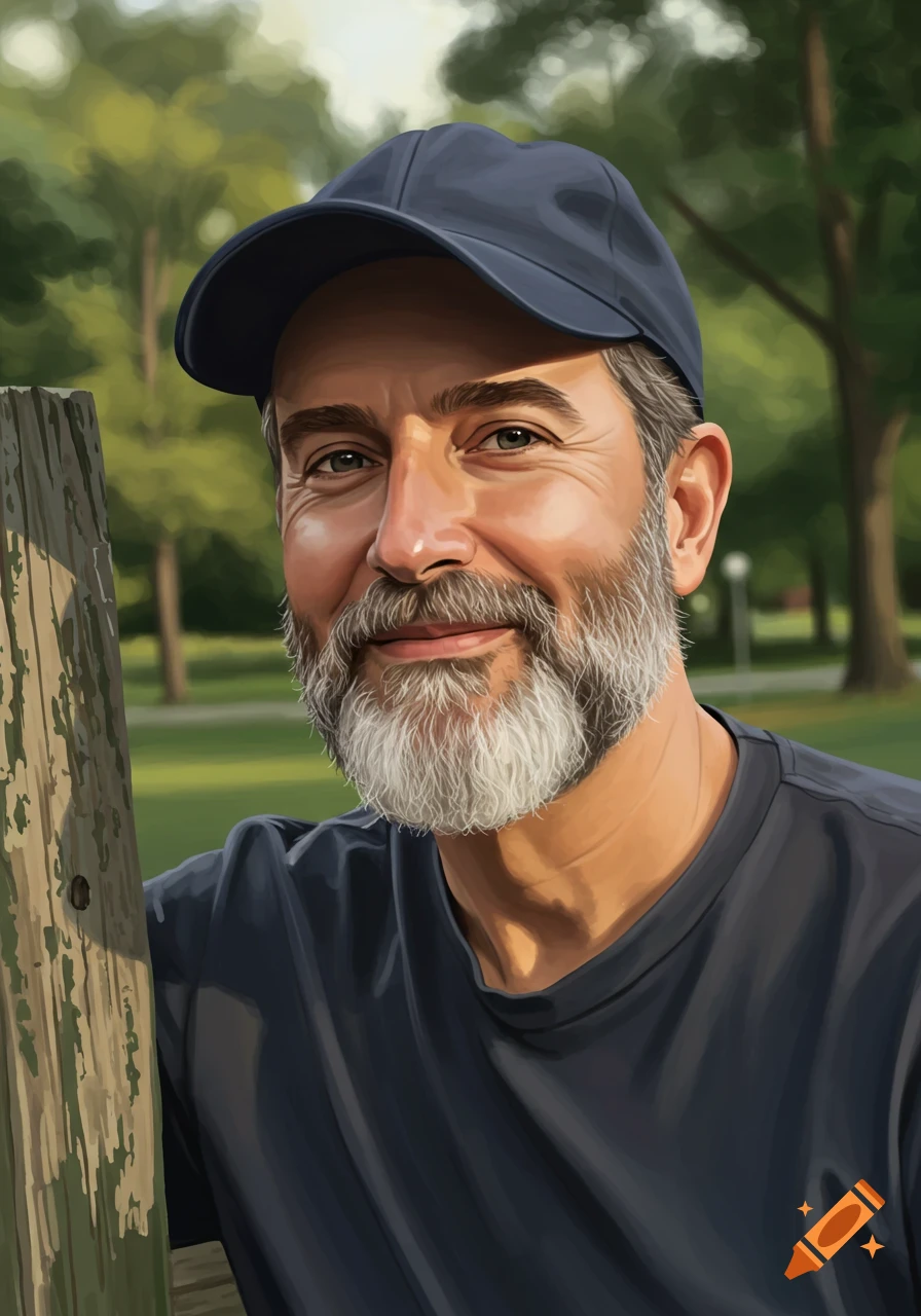 Digital painting portrait of a man with a beard and baseball cap outdoors.