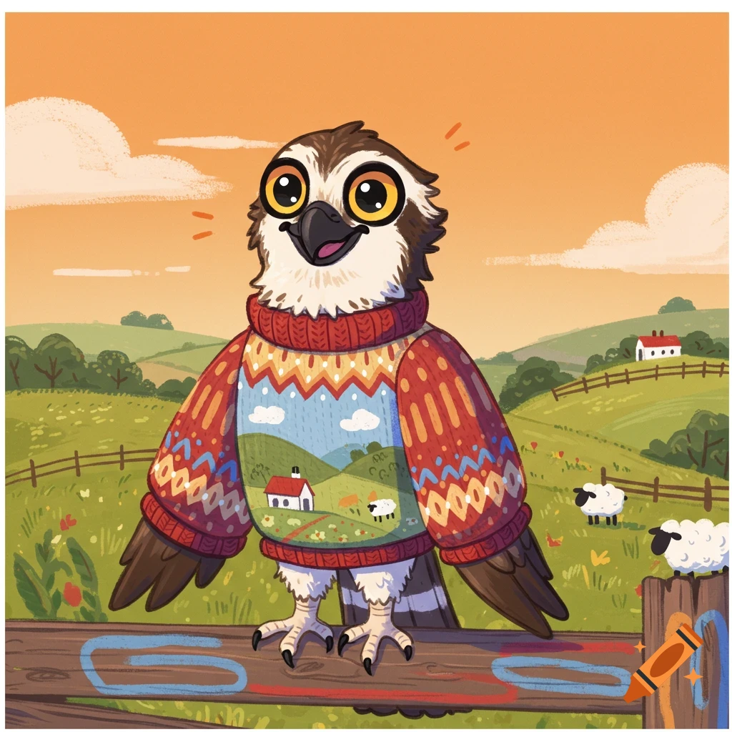 Cartoon osprey wearing a colorful sweater sits on a fence in a countryside scene.