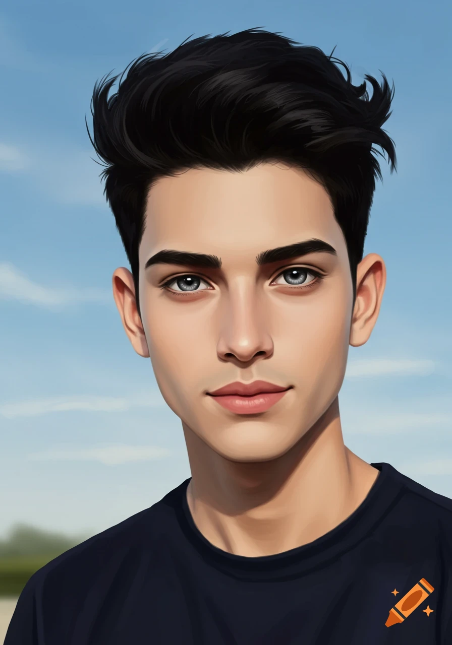 Portrait of a young man with black hair and blue eyes against a blue sky.