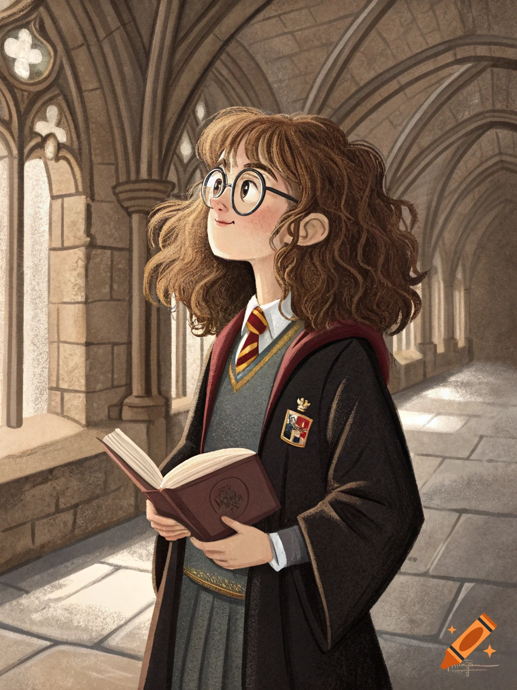 Illustration of a young girl in a wizard uniform holding a book in a stone hallway.