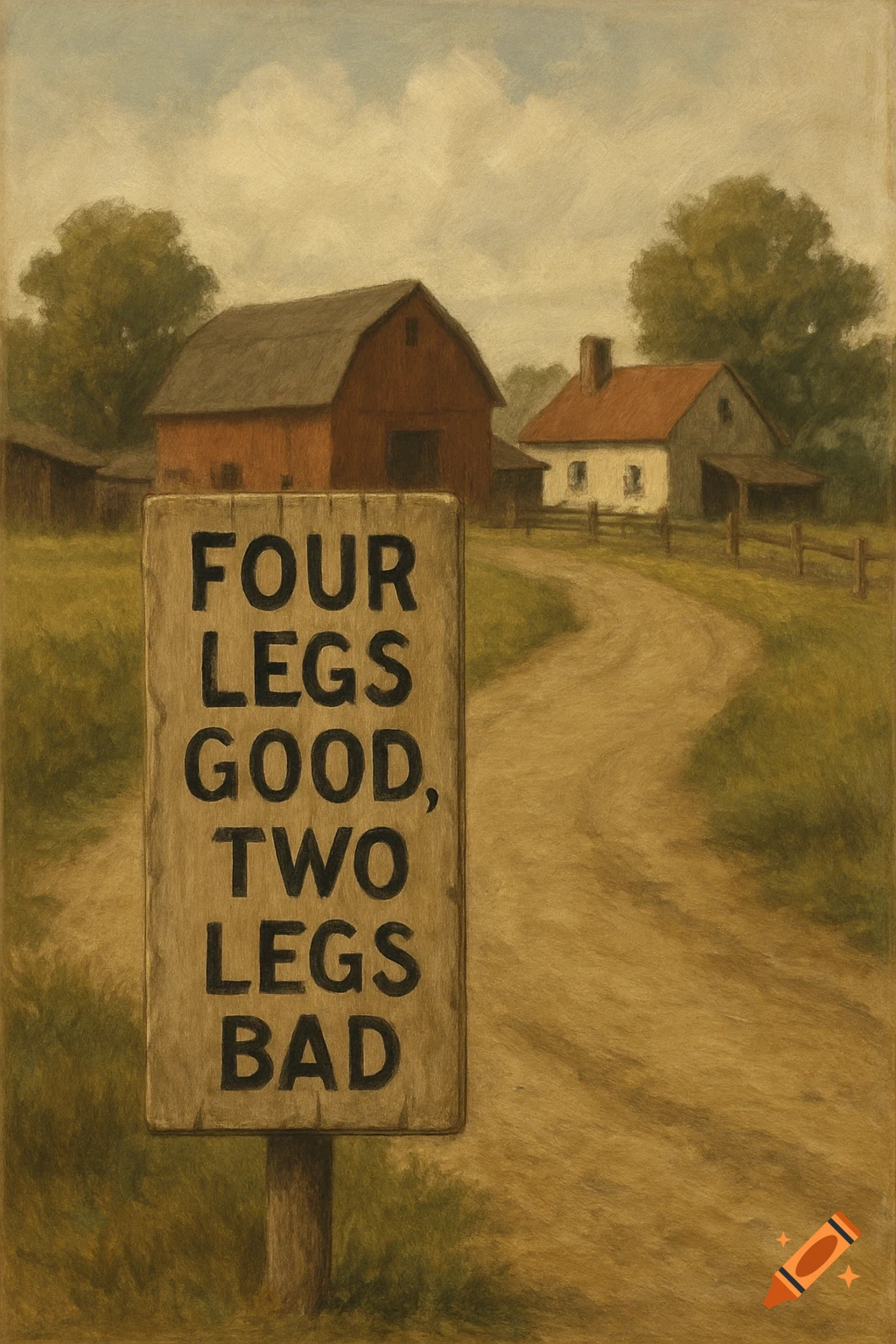 A painting of a sign reading 'FOUR LEGS GOOD, TWO LEGS BAD' on a dirt road leading to a farm.