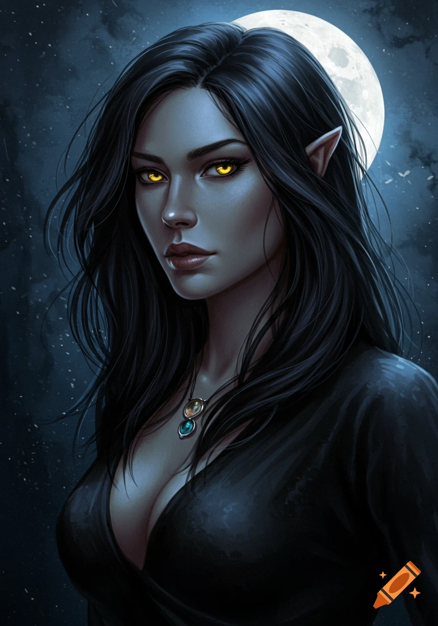 Fantasy portrait of a woman with dark hair, yellow eyes, and pointed ears against a night sky with a full moon