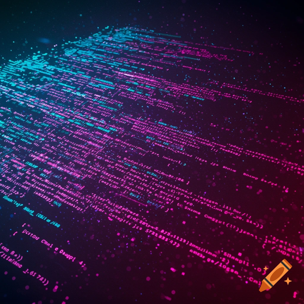 Stylized abstract code cascading in neon cyan and magenta on a dark background, with a cyberpunk aesthetic.