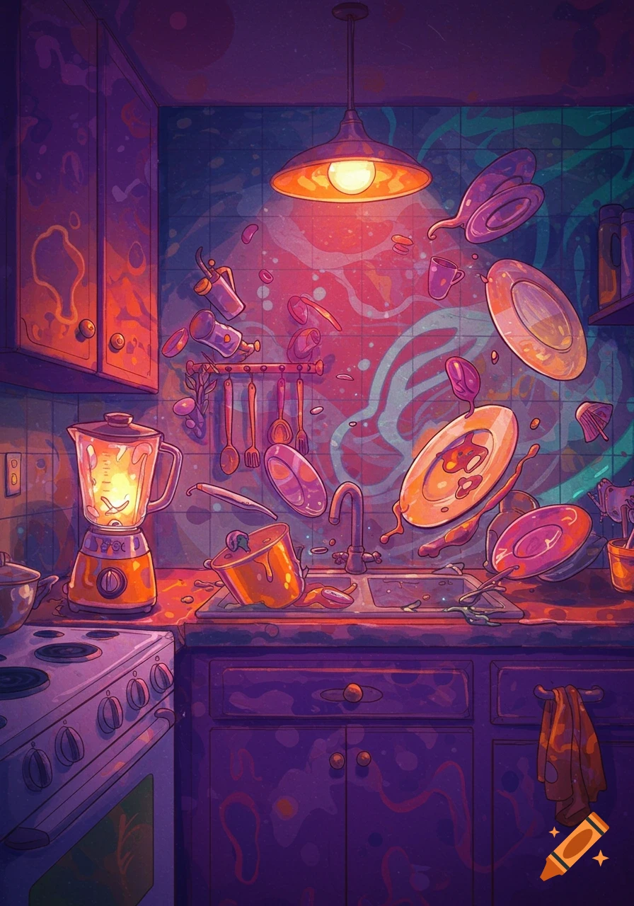Surreal stylized illustration of a messy kitchen with utensils, plates, and a blender floating in the air