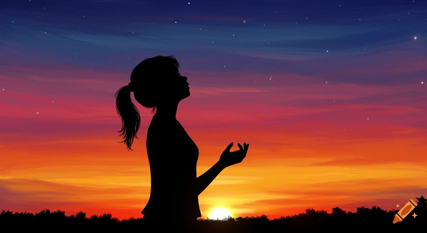 A black silhouette of a girl looking up at a starry, colorful sunset sky with her hands outstretched.