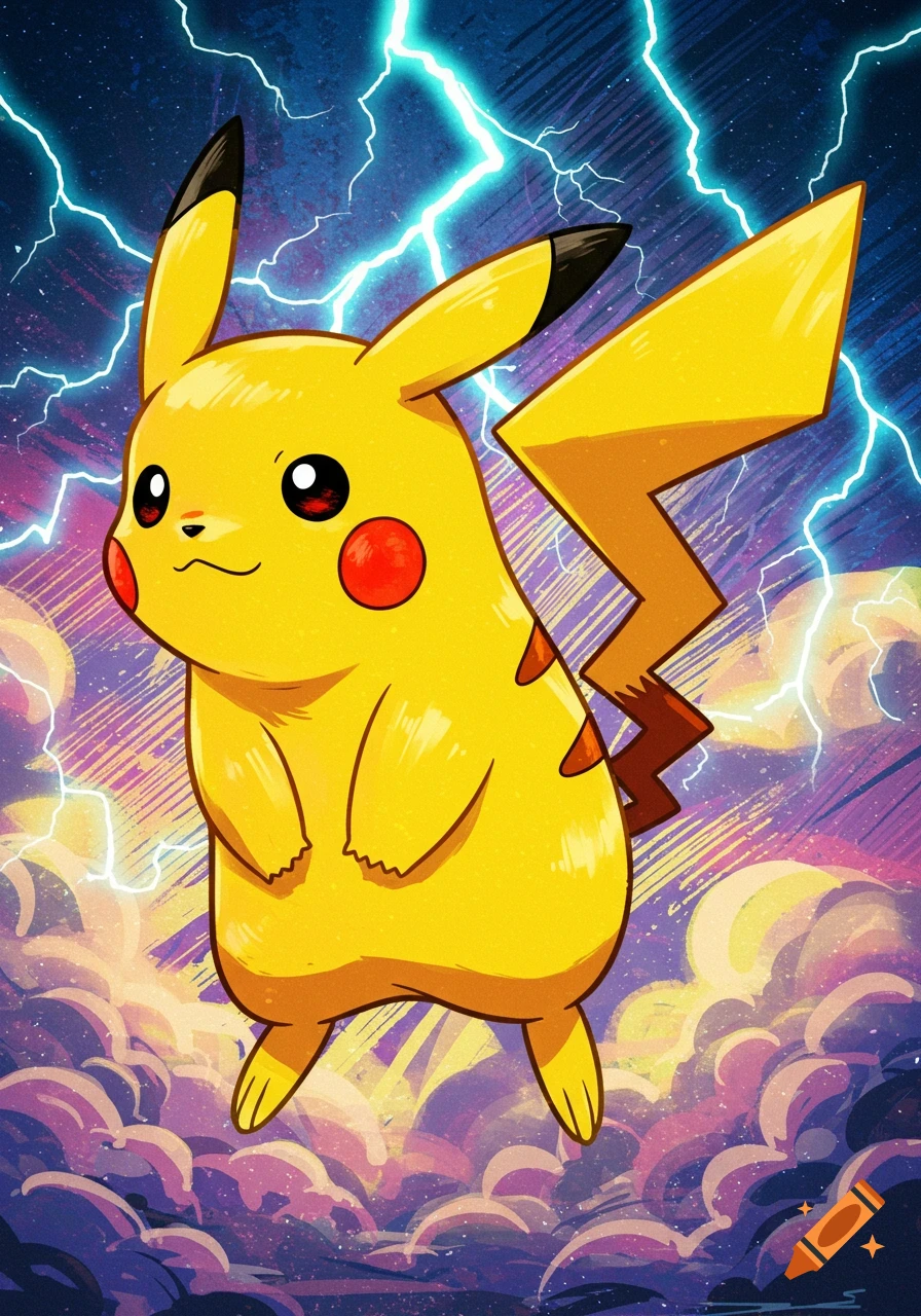 Illustration of Pikachu surrounded by lightning and clouds
