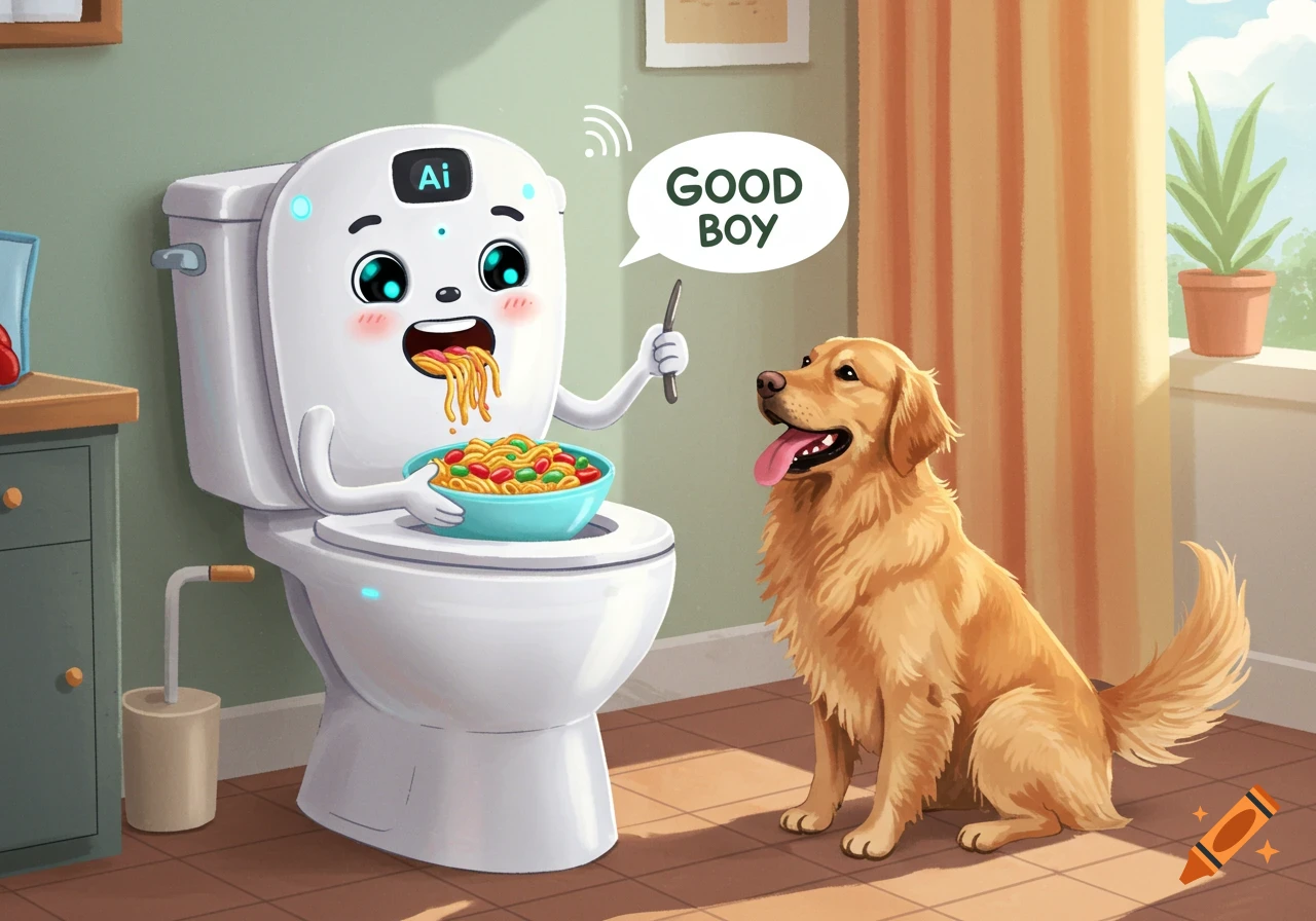 Cartoon AI toilet eats spaghetti and pets a golden retriever, saying "GOOD BOY".