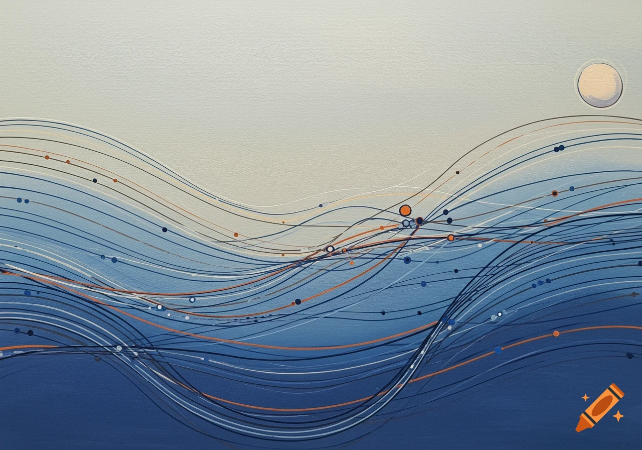 Abstract painting of waves and sun with lines and dots in blue and orange.