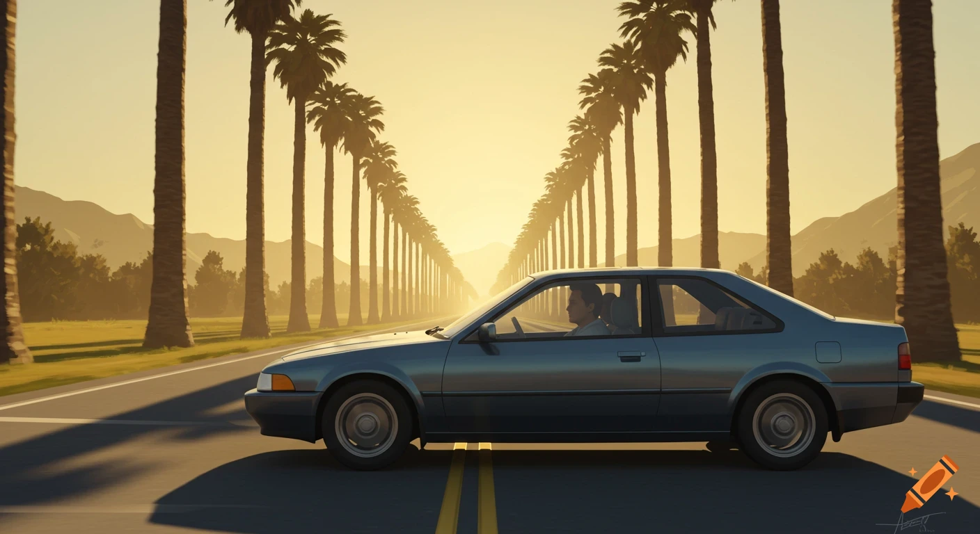 A blue coupe drives down a road lined with palm trees during sunset.
